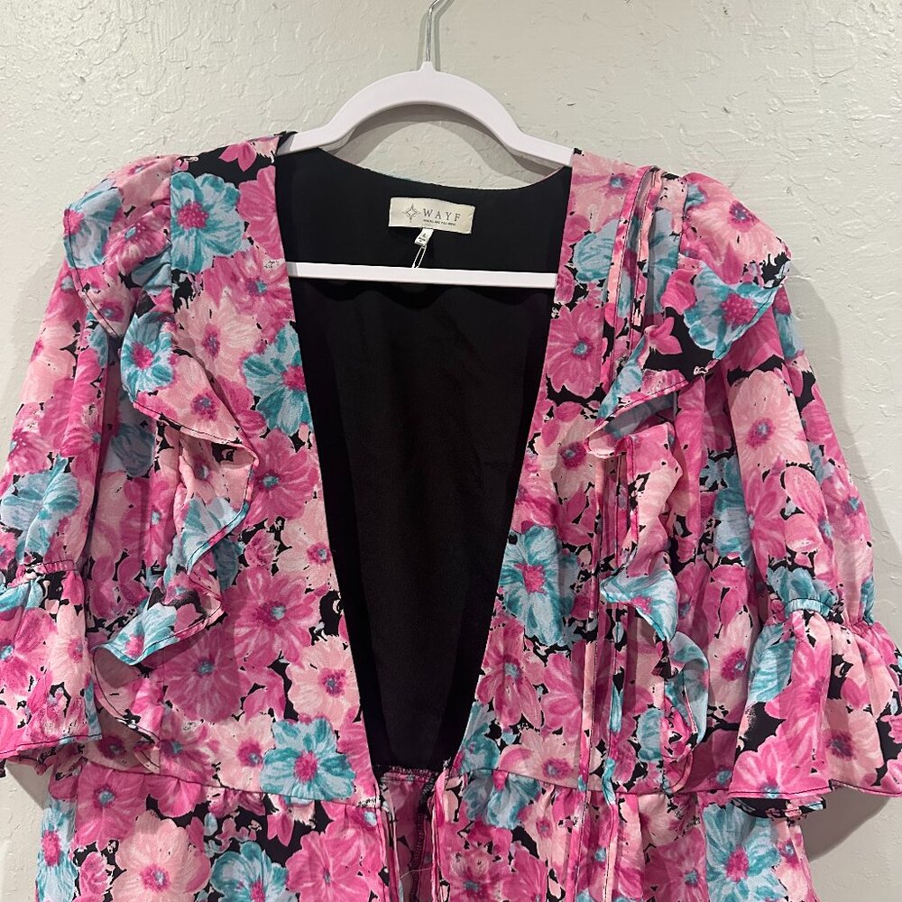 WAYF NWT Floral Pink Peplum Ruffle Front-tie Blouse